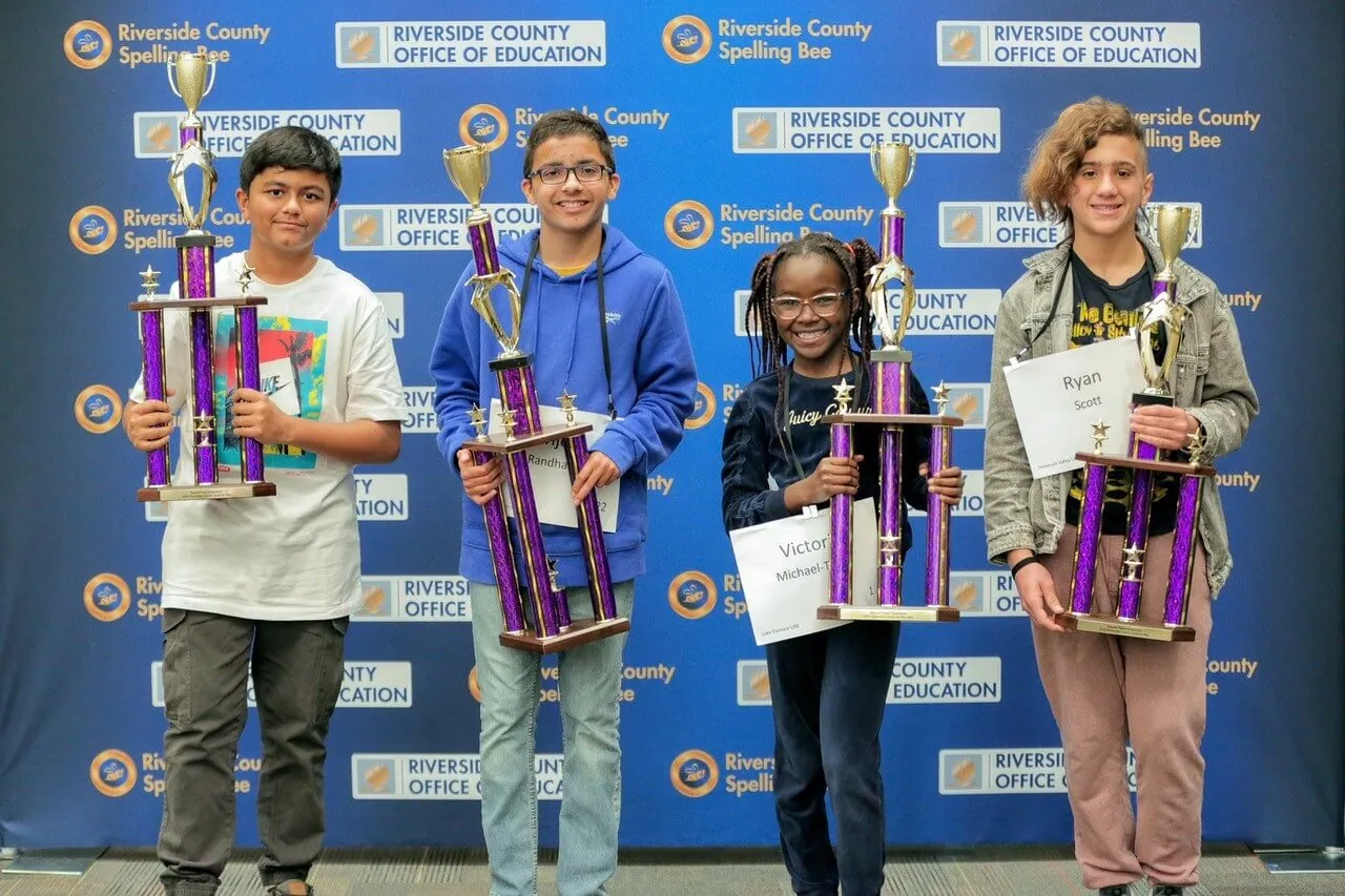 (From L – R) Third place finisher Profess Adhikari, a 6th grade student from River Springs Charter School, first place finisher Avijeet Randhawa, a 7thgrade student from Auburndale Intermediate School in the Corona-Norco Unified School District, second place speller Victoria Michael-Taiwo, a 4thgrade student from Tuscany Hills Elementary School in the Lake Elsinore Unified School District, and fourth place competitor Ryan Scott, a 7th grade student from Eric Stanley Gardner Middle School in the Temecula Valley Unified School District.