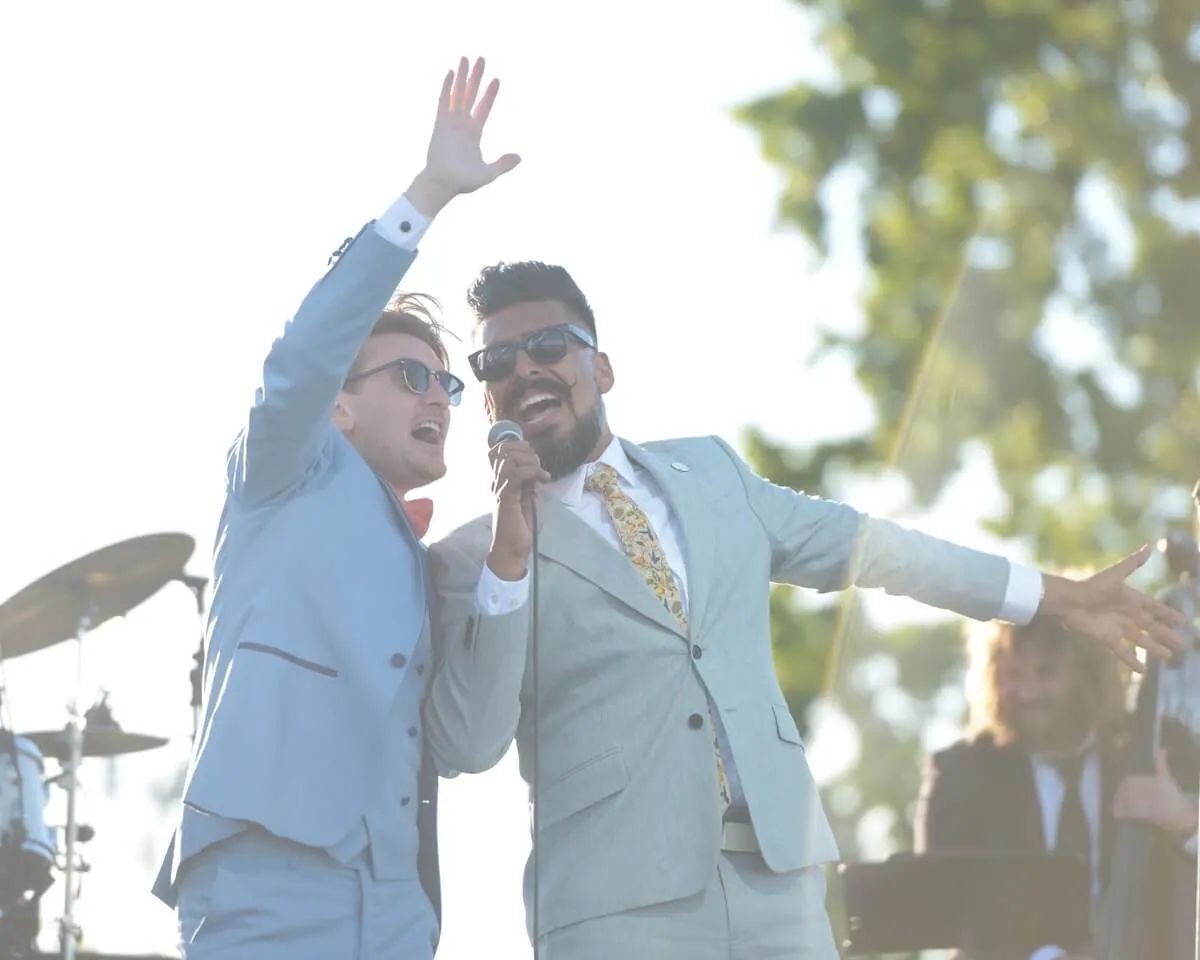 Mark Kopitzke and Marco Palos sing as part of PhatCatSwinger Tuesday as part of the 4th of July entertainment prior to the fireworks at Santana Regional Park in Corona. Caption: Photo by Jerry Soifer