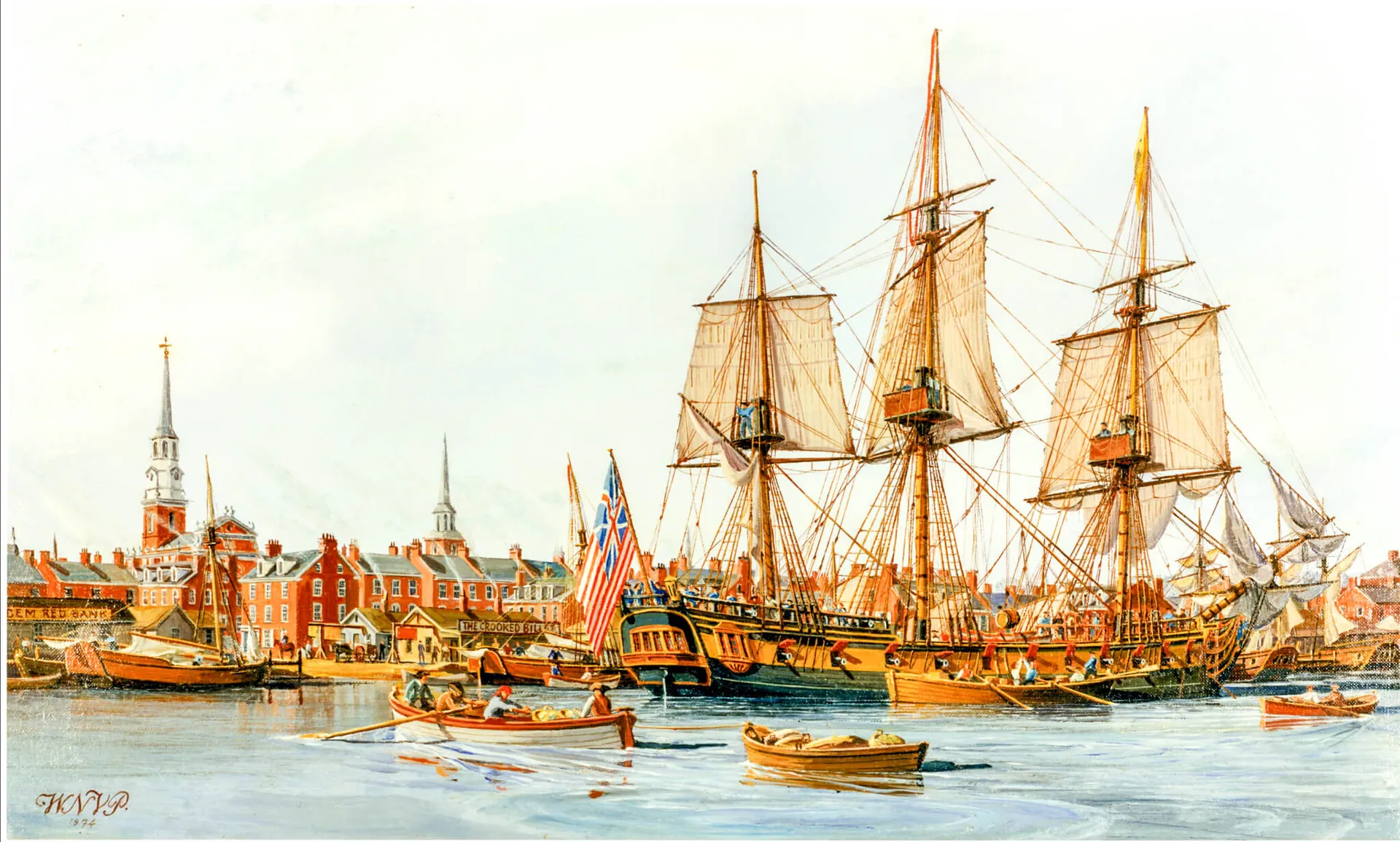 October 13. Continental Ship Alfred (1775-1778) Painting in oils by W. Nowland Van Powell, depicting Lieutenant John Paul Jones raising the Grand Union flag as Alfred was placed in commission at Philadelphia, Pennsylvania.
Credit: U.S. Navy Art Collection