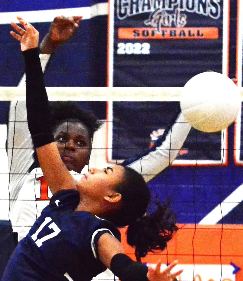 Eastvale Roosevelt’s Jordan Rall (top) spikes the ball over El Segundo’s Arianna James (17) during the Mustangs 3 – 0 first round CIF playoff victory over the Eagles. Roosevelt was knocked out of the playoffs in the next round by Canyon of Anaheim.