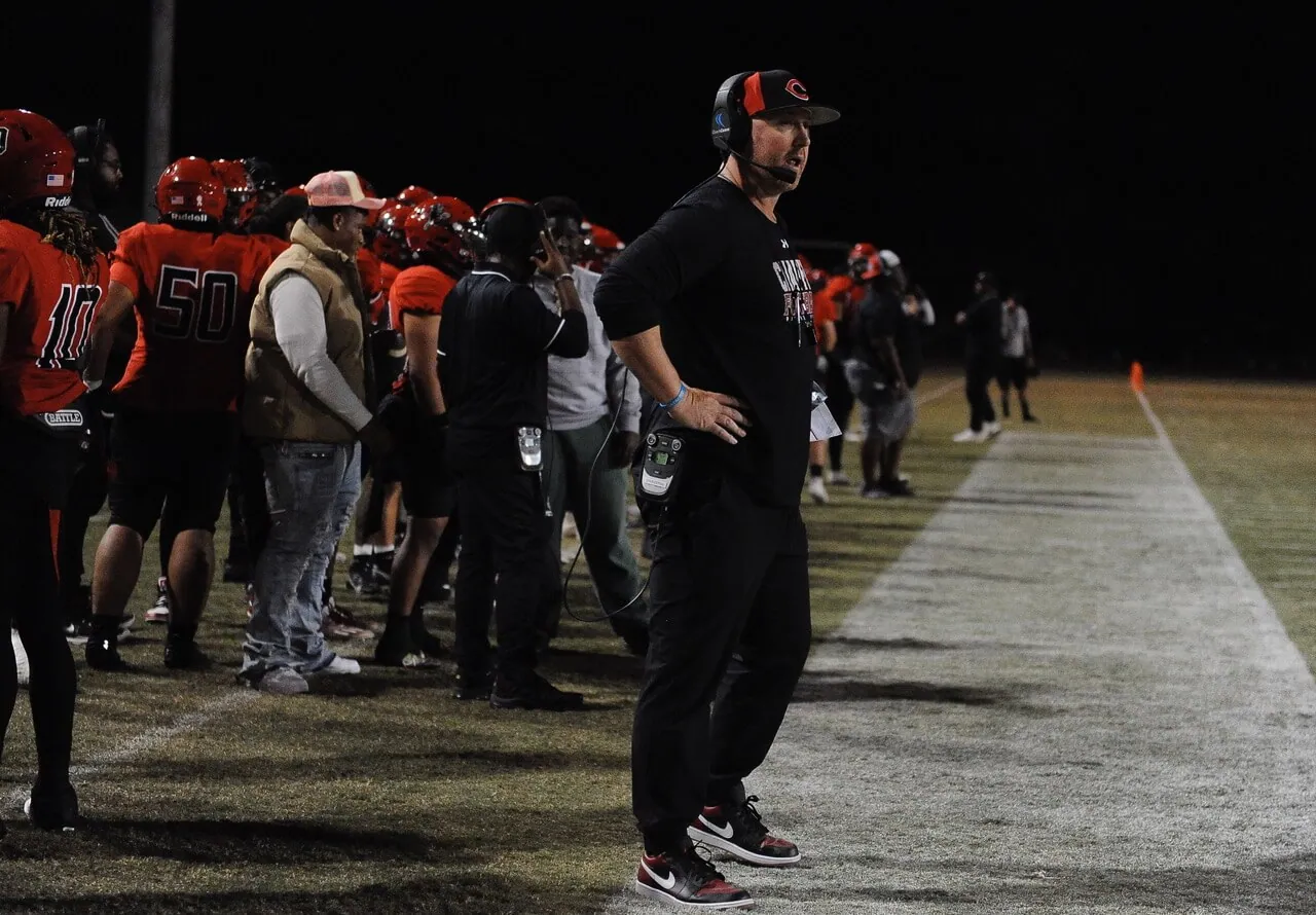 Corona High grad and NFL veteran Darrin Chiaverinni commands the sideline as the head coach of the Chaffey College football team.
Credit: Photo by Jerry Soifer