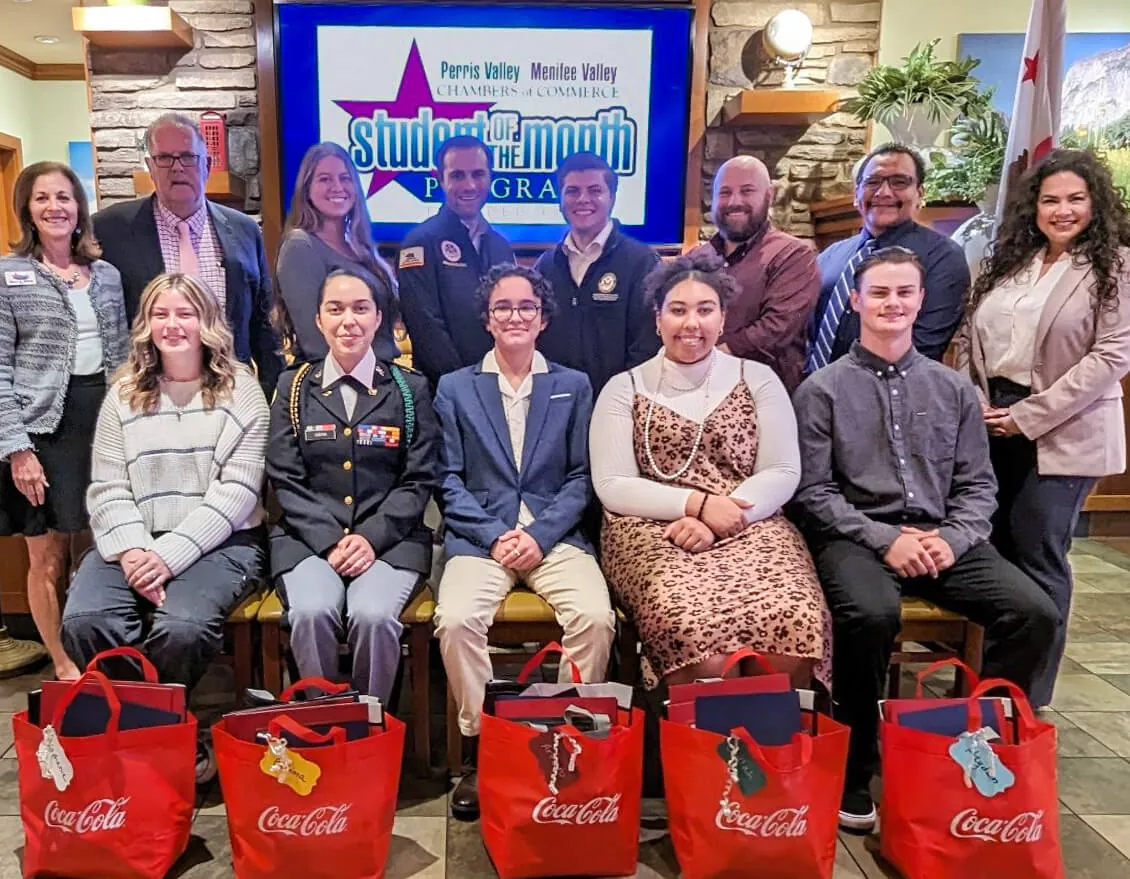 PUHSD November Students of the Month. Front Row:(L-R) Stephanie Rose Girard, Heritage High School; Fatima Serna, California Military Institute; Arturo Romero, Paloma Valley High School; Jaylah Renae Coulter, Perris High School; and Hayden Daniel Hendricks, Liberty High School. Back Row (L-R): Founder, Sally Myers; PUHSD Supt. Grant Bennett; Ashlyn Arnold, Supervisor Chuck Washington's office; Casey Deaver, Assemblyman Bill Essayli's office; Jett Benavidez, Congressman Ken Calvert's office; Jerry Sepulveda, Perris Valley Chamber of Commerce; Ricardo Guerrero, Sen. Richard Roth's office, Perris City Clerk Nancy Salazar. PUHSD Photo