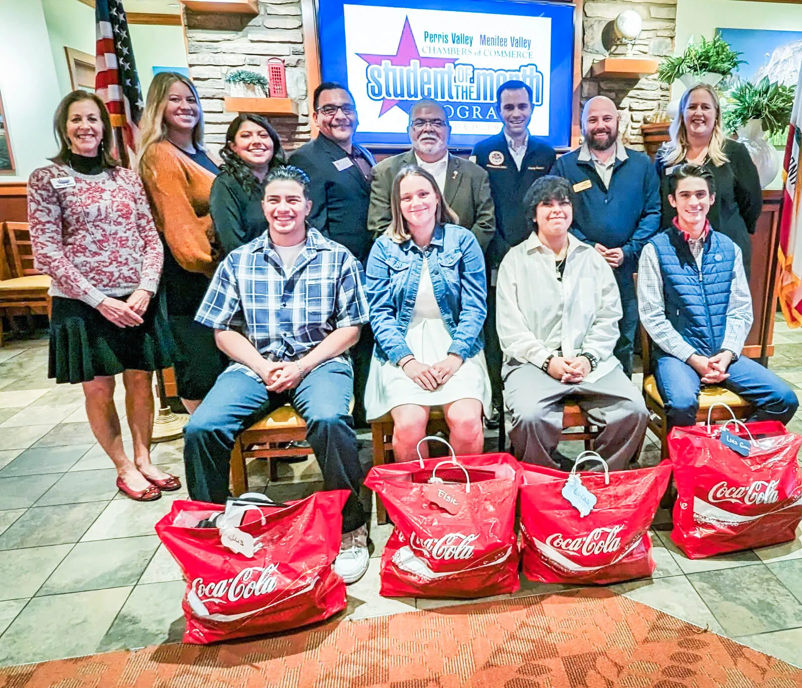 Front (L-R) Luigi Garibay, Heritage High; Elsie Elizabeth Sisson, Paloma Valley High; Lucas Brown, Perris Lake High & Luis Daniel Garcia, Liberty High. Back (L-R)- Sally Myers, Founder; Ashlyn Arnold, Sup. Chuck Washington’s office; Elizabeth Vallejo, Riverside County Office of Education/PUHSD Board Member; Ricardo Guerrero, State Senator Richard Roth’s Office; Perris Mayor Michael Vargas; Casey Deaver, Assemblyman Bill Essayli’s office; Jerry Sepulveda, President Perris Valley Chamber of Commerce; and Candace Reines, Dep. Supt., Perris Union High School District
Credit: PUHSD Photo
