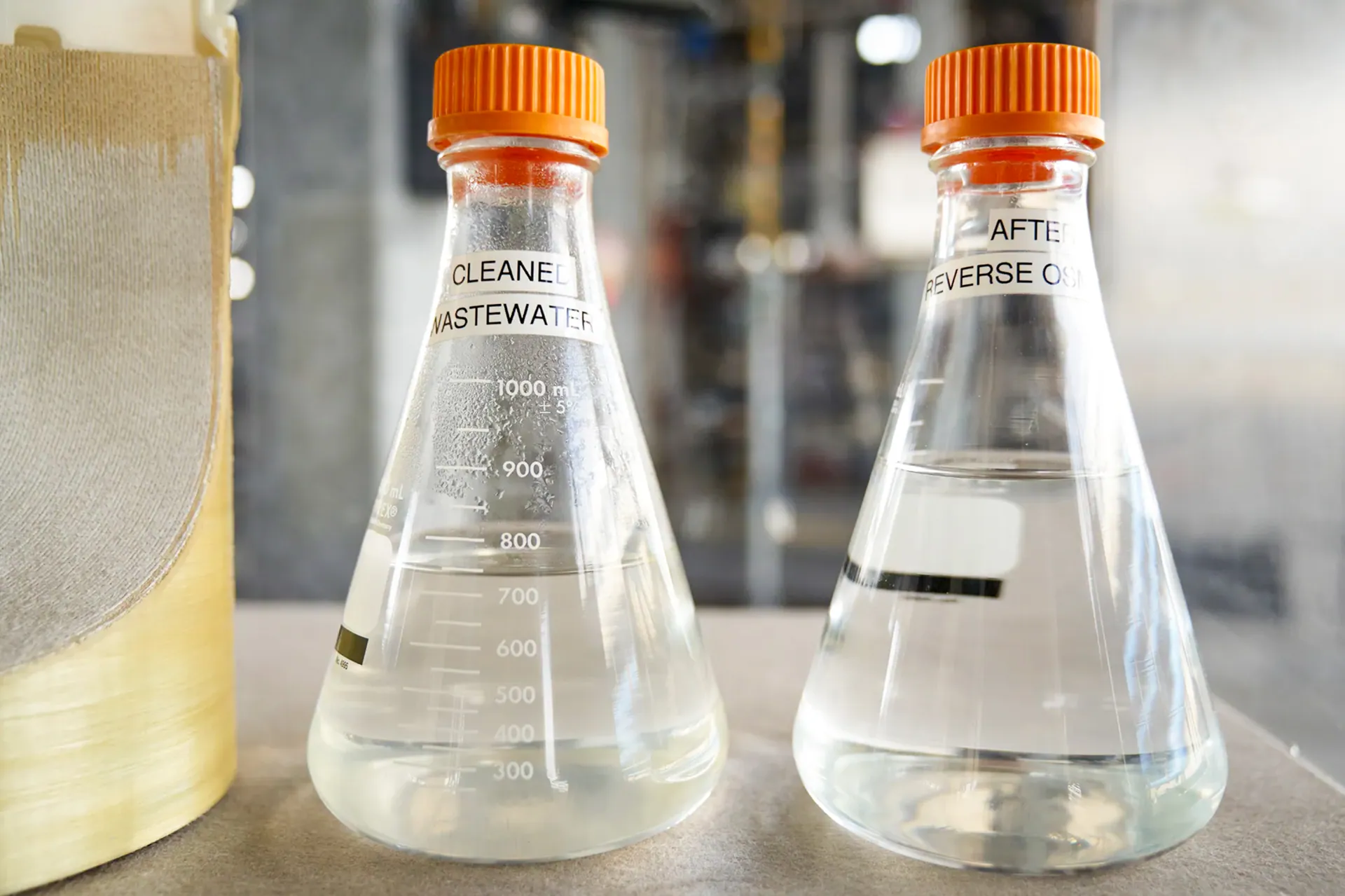 Water Reclamation. Reverse osmosis, a step in the water purification process, eliminates more than 99% of all impurities at the Pure Water Southern California Demonstration Plant in Carson. On the left is the filter, and on the right are samples before and after reverse osmosis. Credit: Photo by Lauren Justice for CalMatters