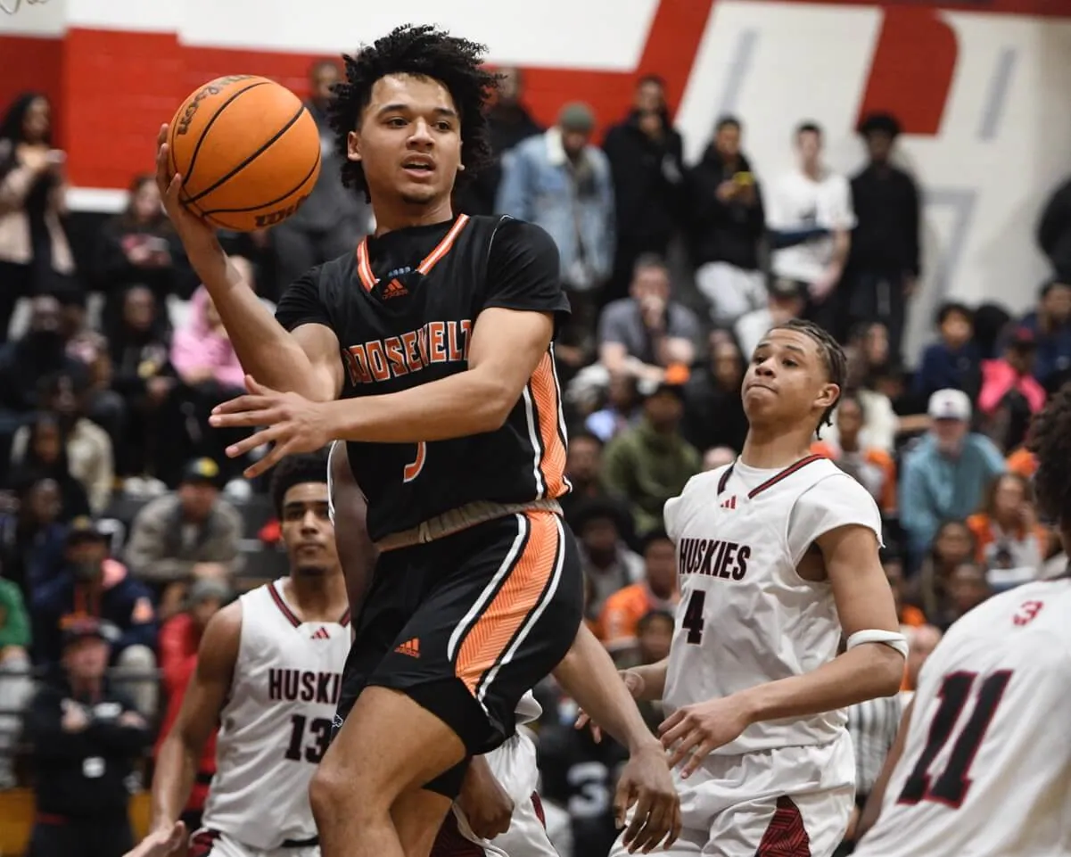 Eleanor Roosevelt's Brayden Burries drives to the basket.
Credit: Photo by Jerry Soifer