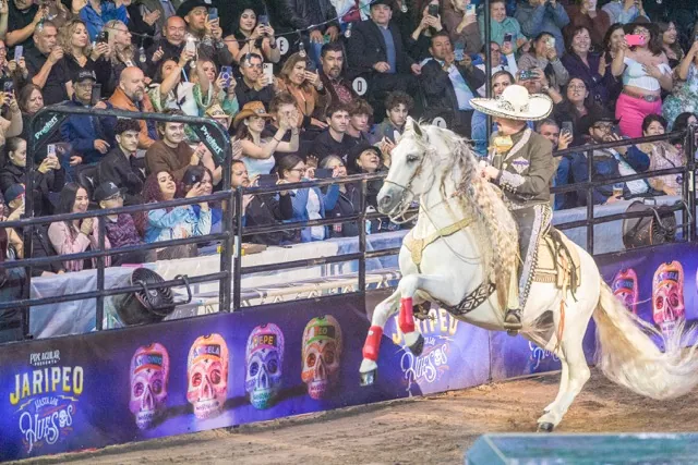 Grammy-winning singer songwriter Pepe Aguilar performs at his "Jaripeo Hasta Los Huesos Tour 2024" show at the Honda Center in Anaheim. The show pays tribute to the Day of the Dead. Credit: AP Photo/Damian Dovarganes