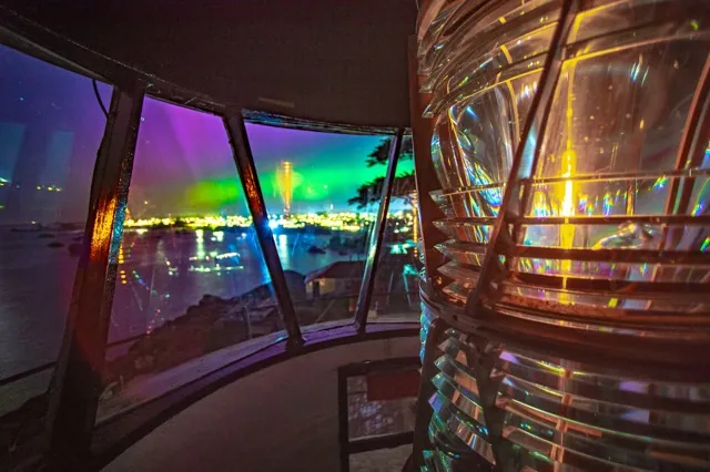 Lantern room of Battery Point Lighthouse, Crescent City, CA with aura of aurora visible on the horizon.
Credit: Photo by David Zapatka, https://www.starsandlighthouses.com/
RIVERSIDE (CNS) - Some lucky Southern California stargazers were treated to a
