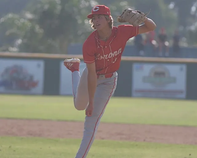 Corona reliever Billy Carlson delivers the final pitch of the Panthers quarterfinal win over Aquinas. The sizzling comeback liner from the Falcon’s Estaban Olazaba was hit so hard, Carlson was spun around in self-preservation, holding on to the ball to seal the win.