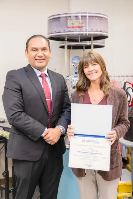 Riverside County Superintendent of Schools, Dr. Edwin Gomez and 2025 MUSD Teacher of the Year Misty McBee