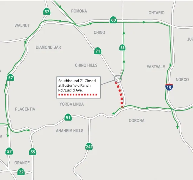 Full Closure of Southbound Corona 71 Expressway Coming. Freeway Closure. 71