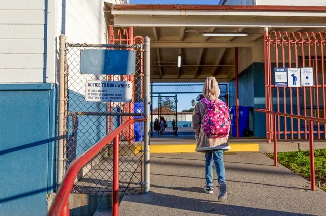 School Bonds. A student enters Stege Elementary School in Richmond on Feb. 6, 2023. Inland Empire school districts are proposing 22 local bonds. Credit: Photo by Shelby Knowles for CalMatters
