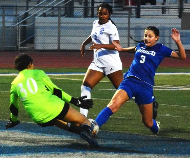 Norco’s Emmalee Snow (3) has her sliding shot blocked by Culver City goalie Ava Hunter (left) while Georgia Smith (3) chases. The Centaurs broke open a 2 – 2 tie with five minutes left in the game to defeat the Cougars 3 – 2 in the CIF Division 3 playoffs.
Credit: Photo by Gary Evans