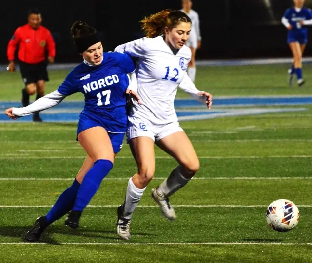 Norco’s Makynzie McDaniel (17) and Culver City’s Mary Held (12) battle for the ball during the Centaurs 3 – 2 victory over the Cougars in the CIF Division 3 playoffs.
Credit: Photo by Gary Evans