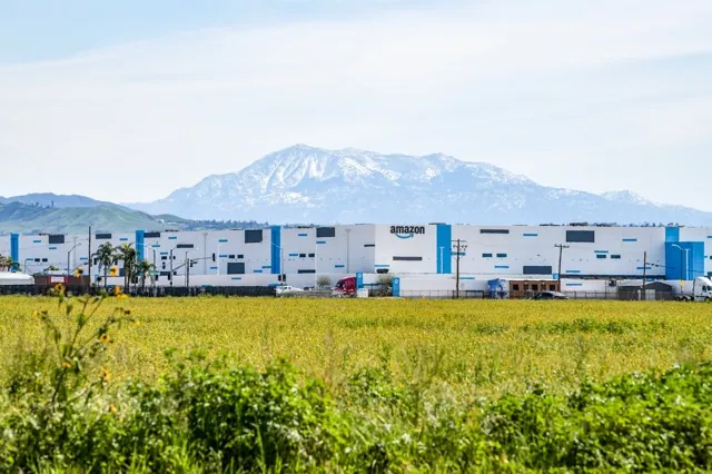 Tariffs. An Amazon warehouse in San Bernardino on Feb. 16, 2023. Warehouses in the Inland Empire may feel tariffs' impact, experts say. Credit: Pablo Unzueta for CalMatters