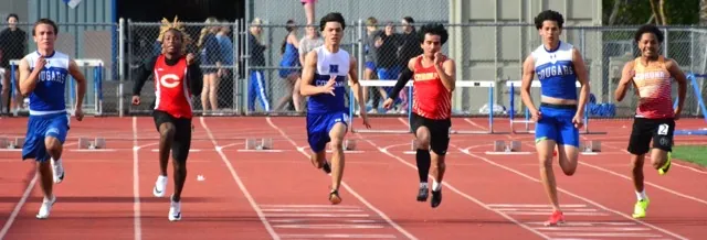 Left to right in the Boys 100 Meter race: Norco’s Joseph Clay, Corona’s Thomas Smith, Norco’s Aiden Perry, Corona’s Gian Jimenez, Norco’s Blake Wong, and Corona’s Chris Jones.
Credit: Photo by Gary Evans