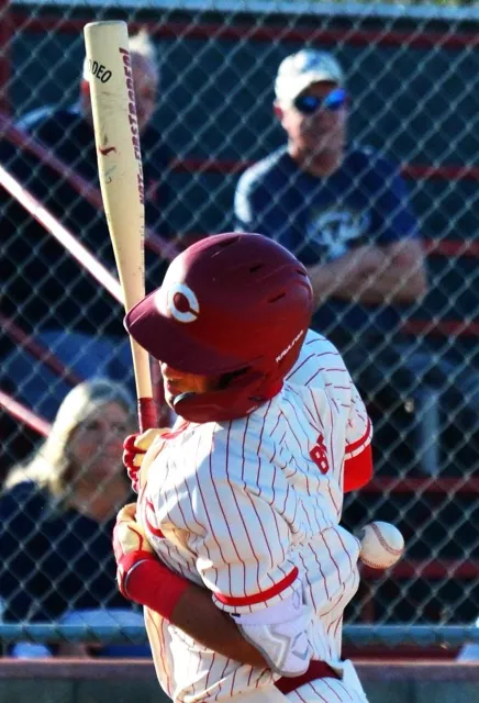 Corona’s Trey Ebel gets plunked by a pitch in game 2, 
Credit: Photo by Gary Evans
