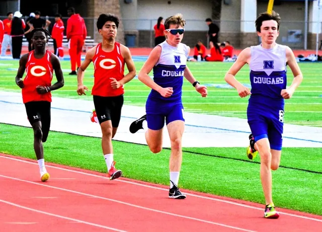 Corona’s Adam Ngoma (left) and Uriel Baz (left center) trail Norco’s Daniel Silva Jr (right center) and Connor Centeno (right) during the 1600-meter race. Baz finished first, Ngoma second, and Centeno third.