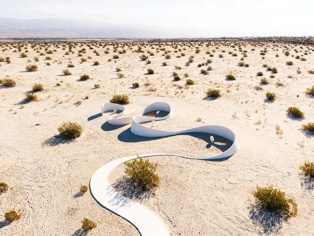 Desert X Art Exhibit. Truth Arrives in Slanted Beams
Credit: Installation by Sarah Meyohas; Photo by Lance Gerber