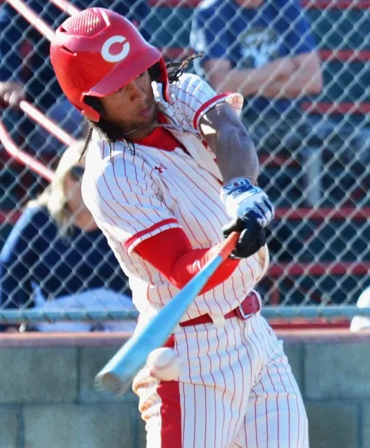 Corona’s Anthony Murphy rips a base hit during the Panthers 4 – 0 victory over the Norco Cougars in the middle game of the 3-game set.
Credit: Photo by Gary Evans

