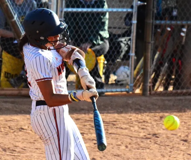 Eastvale Roosevelt’s Loto Sivas blasts a home run over the left field fence during the Mustangs 3 – 0 victory over Canyon Del Oro in the Michelle Carew Tournament.
Credit: Photo by Gary Evans