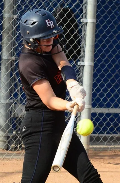 Eastvale Roosevelt’s Katie Ruffer blasts a double to right centerfield against Norco. The Cougars defeated the Mustangs 3 – 0.
Credit: Photo by Gary Evans
