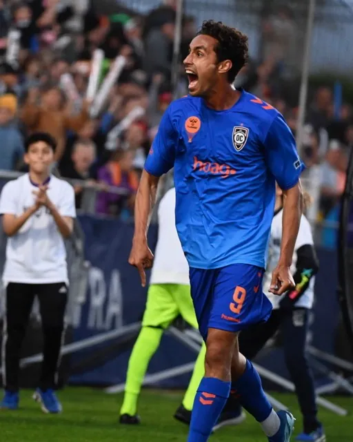 Corona Santiago High grad Ethan Zubak, the center forward for the Orange County Soccer Club, celebrates his goal early in his team's 2-1 win over the visiting Sacramento Republic Saturday at Great Park in Irvine.