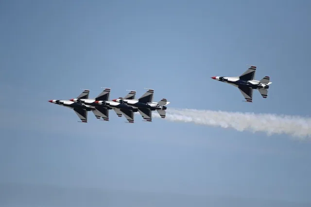 The U.S. Air Force flight demonstration team practices its routines before the Southern California Air Show at March Air Reserve Base.
Credit: Photo by Jerry Soifer
