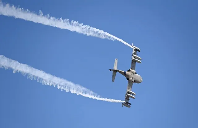 An A-37, a Vietnam War-era plane flies over the March Air Reserve Base Friday before the Southern California Air Show.