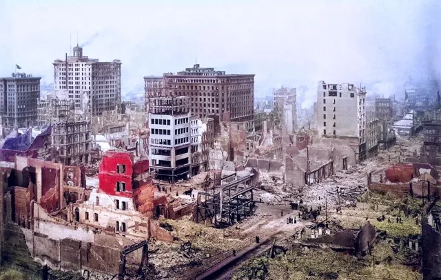 April 18 . San Francisco Earthquake of 1906: Ruins in vicinity of Post and Grant Avenue. Looking northeast. Credit: National Archives and Records Administration