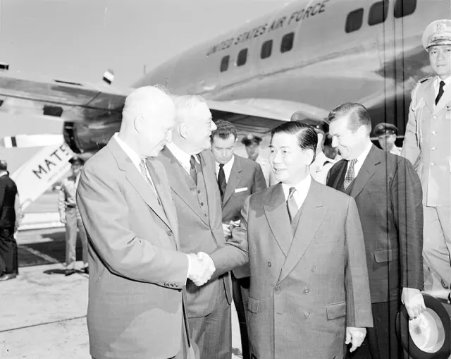 June 13. U.S. President Dwight D. Eisenhower greets South Vietnam's President Ngo Dinh Diem, whose rise to power was backed by the United States, according to the Pentagon Papers. In a U-turn, the US was then complicit in his assassination in 1963 during the South Vietnamese Coup. Credit: Department of Defense