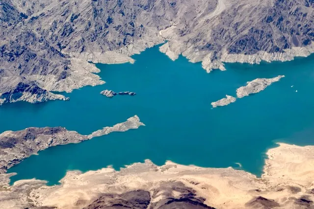 Colorado River. Colorado River, Aerial view of Boulder Basin, the northwestern arm of Lake Mead, shows the bathtub ring, indicator of long-term water loss, between Boulder City, Nevada, and the Las Vegas metropolitan area on July 3, 2025.