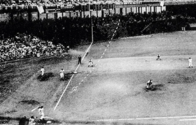 October 3. Bobby Thompson launches the pennant winning homerun to the short leftfield bleacher at the Polo Grounds to send the Giants to the world series against the Yankees. The Giants lost in 6 games. The dashed line roughly approximates the trajectory of the home run.