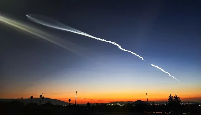 A SpaceX Falcon 9 rocket launched from Vandenberg AFB early Sunday evening, visible in the dusk sky throughout the Inland Empire.
Credit: Photo by Gary Evans