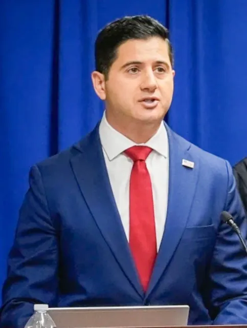 Acting U.S. Attorney Bill Essayli, during a news conference announcing an arrest made in the Palisades Fire, earlier this month.. Credit: AP Photo/Damian Dovarganes