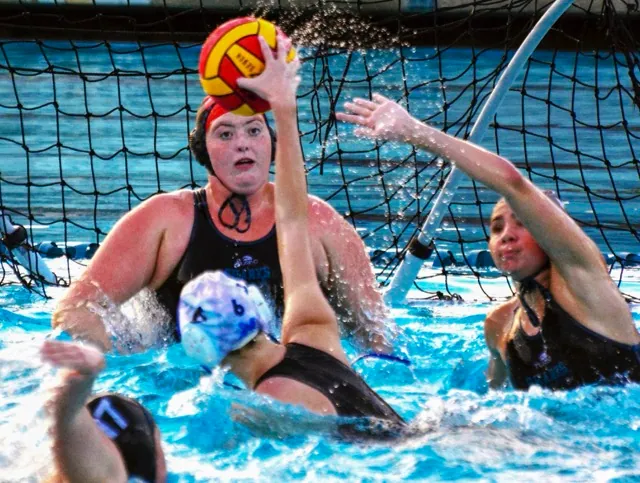 Corona Santiago goalie Ellie Baker (top) eyes the ball while Los Al’s Hailey Rippeon (6) gets ready to throw on goal. Savannah Perez (bottom) and Riley Romero (right) defend on the play.