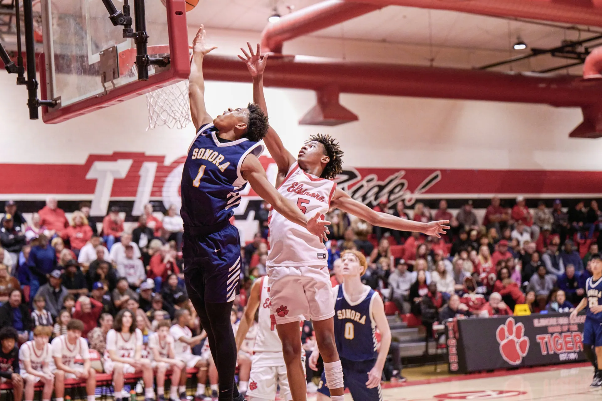 Tigers #5 Kamrynn Nathan chases down Raiders #1 Jayden Barnes on a fast break but can’t stop the layup. Photo by Marcus Walker
