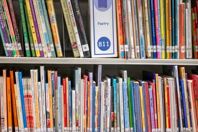 Books sit on shelves in an elementary school library in suburban Atlanta, on Friday, Aug. 18, 2023. AP Photo/Hakim Wright Sr.