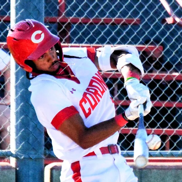 Corona’s Anthony Murphy hits a two-run home run during his second at-bat on the way to hitting for the cycle during the Panthers 8 – 3 victory over the Wolves. Photo by Gary Evans