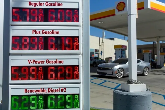 Gas prices at a station in Northridge on March 9, 2026. Gas prices have recently increased in the state as the U.S. war with Iran intensifies. Credit: Photo by Zin Chiang for CalMatters