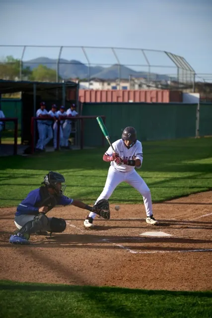 The Paloma Valley Wildcats fell to the Temescal Canyon Titans 2-1 in 8 innings on Wednesday. Good plate discipline from the Wildcat as he lays off a pitch just outside the zone. Photo by Marcus Walker