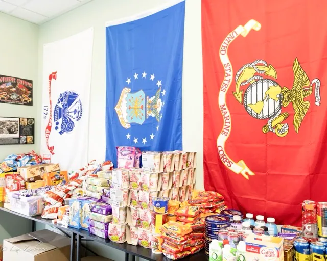 The snacks MilVet provides included cereal and a variety of canned goods to different types of cookies and candy and chips. The toiletries include deodorant, shampoo, and toothpaste. Credit: Lisa Zambrano
