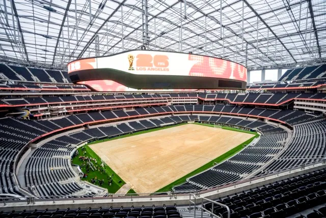 A general view shows SoFi Stadium in Inglewood, Calif., Tuesday, May 12, 2026, during a media event for the upcoming FIFA World Cup soccer tournament.. Credit: AP Photo/Jae C. Hong