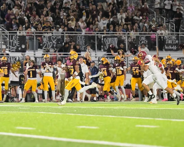 The Colton Yellowjackets defeated the Arlington Lions 56-17, Friday, September 18. Arlington running back Gus Arellano #27, runs through the B gap right past the defense for a 60-yard touchdown