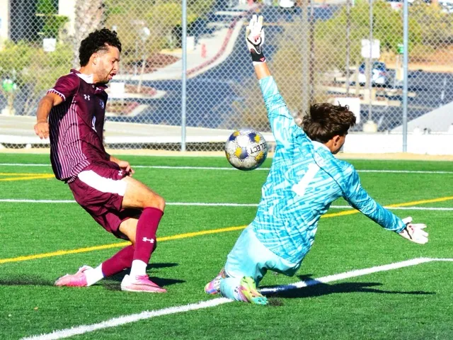 Norco College’s Alfredo Valencia (left) has his shot on goal blocked by LA Mission College goalie Ethan Murrillo (1) during the second half. 