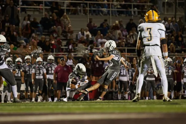 Paloma Valley’s kicker Vivi Winchester #45, notches the extra point with ease
