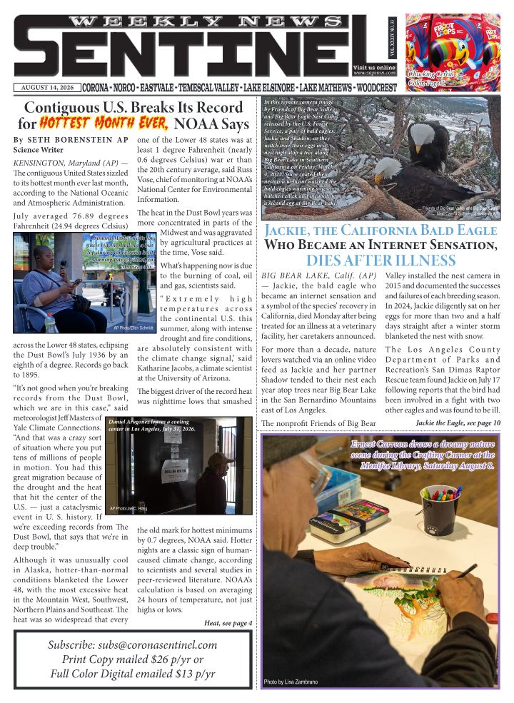 Portada de Sentinel Weekly News, 14 de agosto de 2026