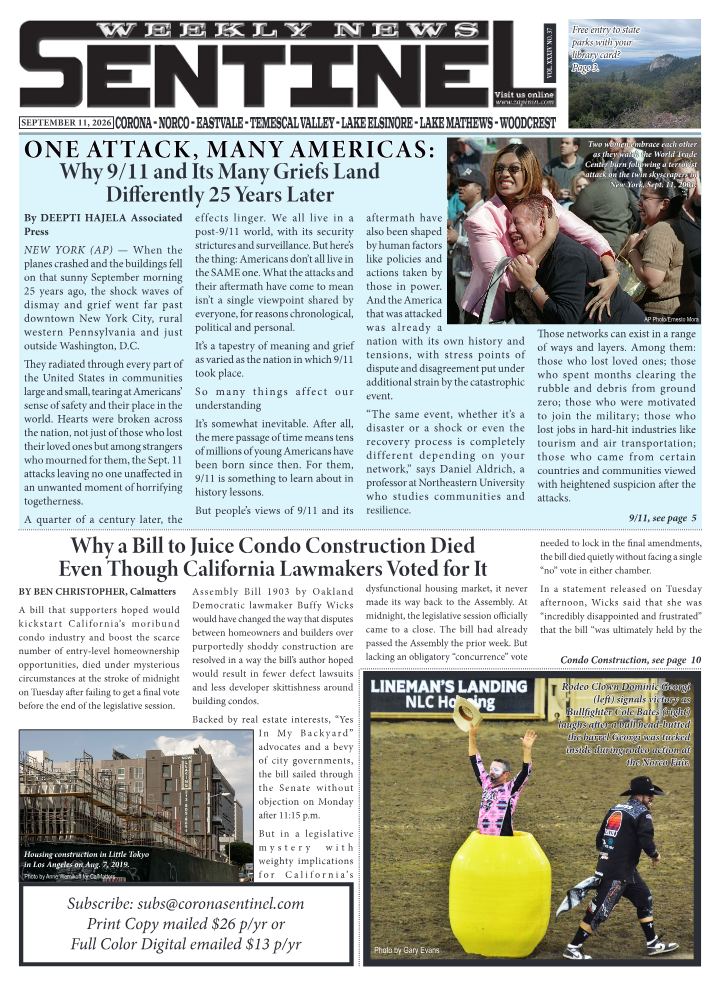 Portada de Sentinel Weekly News, 11 de septiembre de 2026