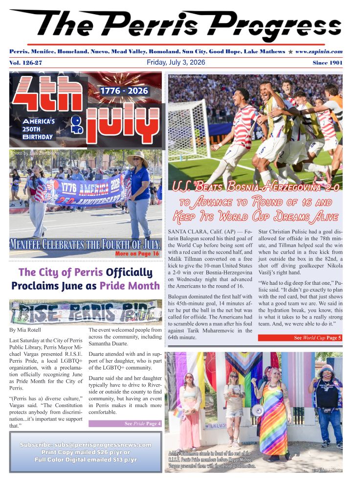 Portada de The Perris Progress, 3 de julio de 2026